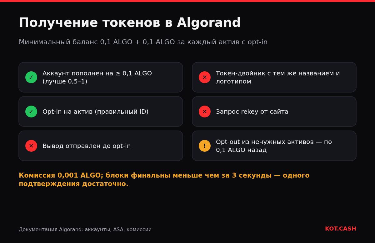 Чек-лист получения токенов в Algorand: пополнить аккаунт, сделать opt-in на правильный ID, избегать токенов-двойников и запросов rekey, сделать opt-out из ненужных активов.