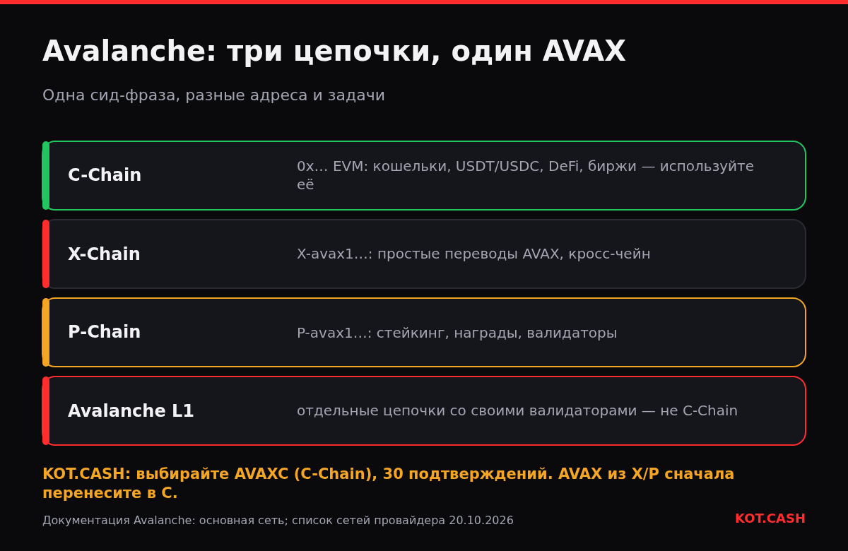 Слои Avalanche: C-Chain для кошельков и токенов, X-Chain для простых переводов, P-Chain для стейкинга и отдельные цепочки Avalanche L1.
