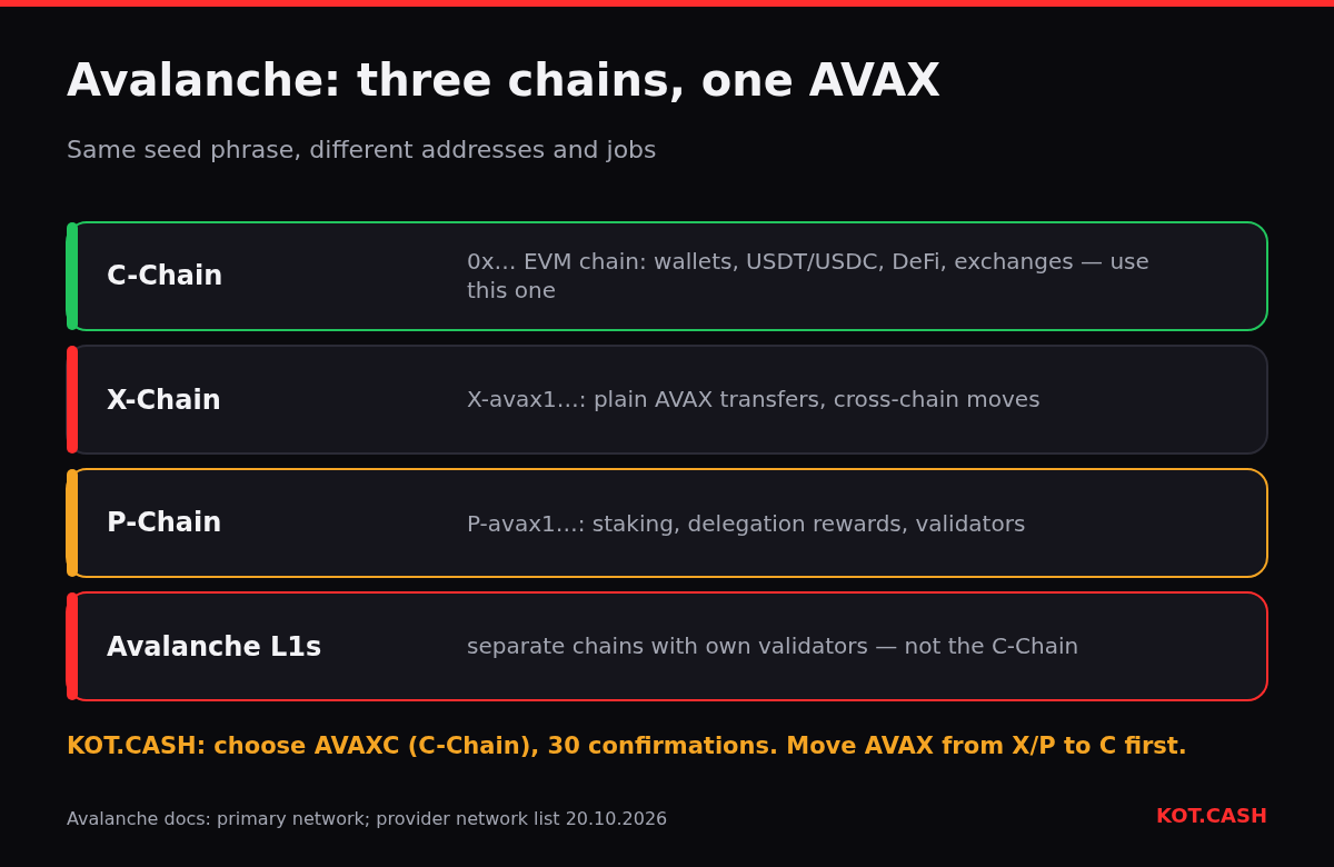 Layers of Avalanche: C-Chain for wallets and tokens, X-Chain for plain transfers, P-Chain for staking, and separate Avalanche L1 chains.