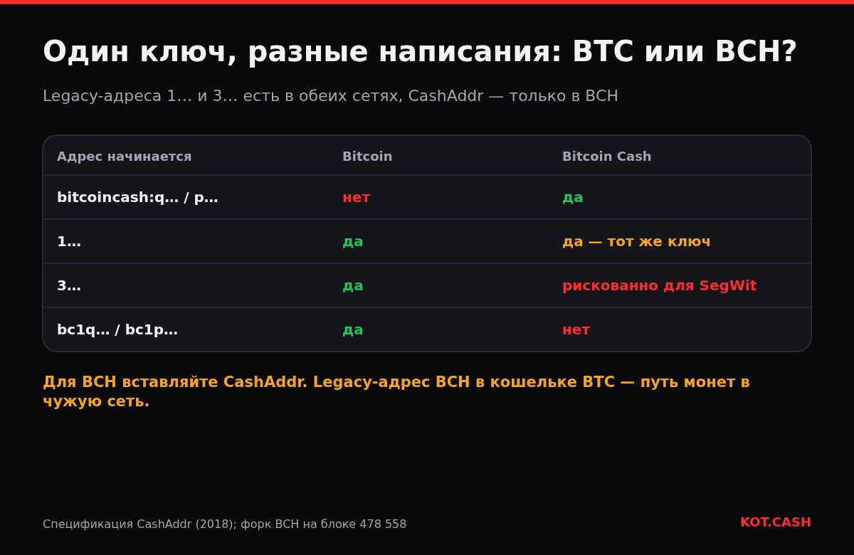 Таблица допустимости форматов адресов в Bitcoin и Bitcoin Cash: CashAddr только в BCH, legacy 1 и 3 в обеих сетях, bc1 только в Bitcoin.
