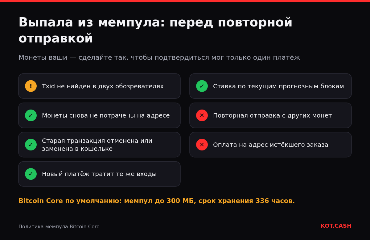 Чек-лист для транзакции Bitcoin, выпавшей из мемпула: убедиться, что её нет, отменить в кошельке, отправить с теми же входами и текущей ставкой.