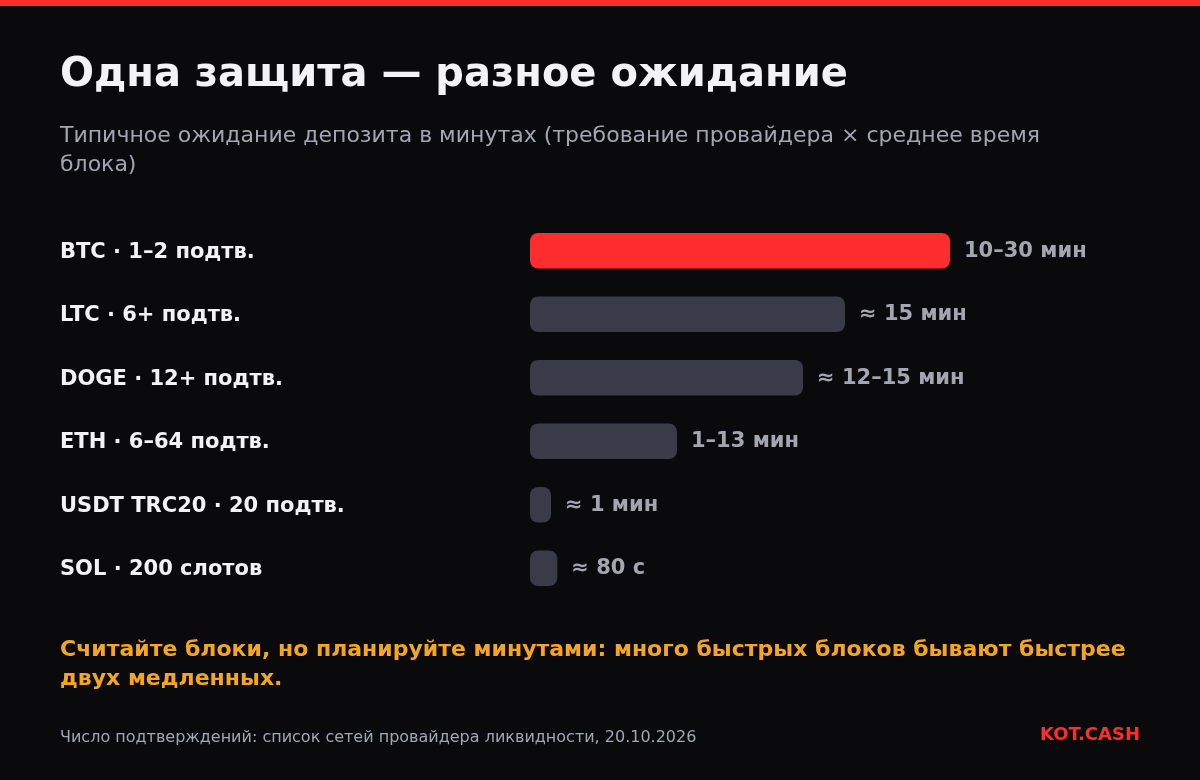 Диаграмма типичного ожидания депозита: Bitcoin 10–30 минут, Litecoin около 15, Dogecoin 12–15, Ethereum 1–13, USDT TRC20 около минуты, Solana около 80 секунд.