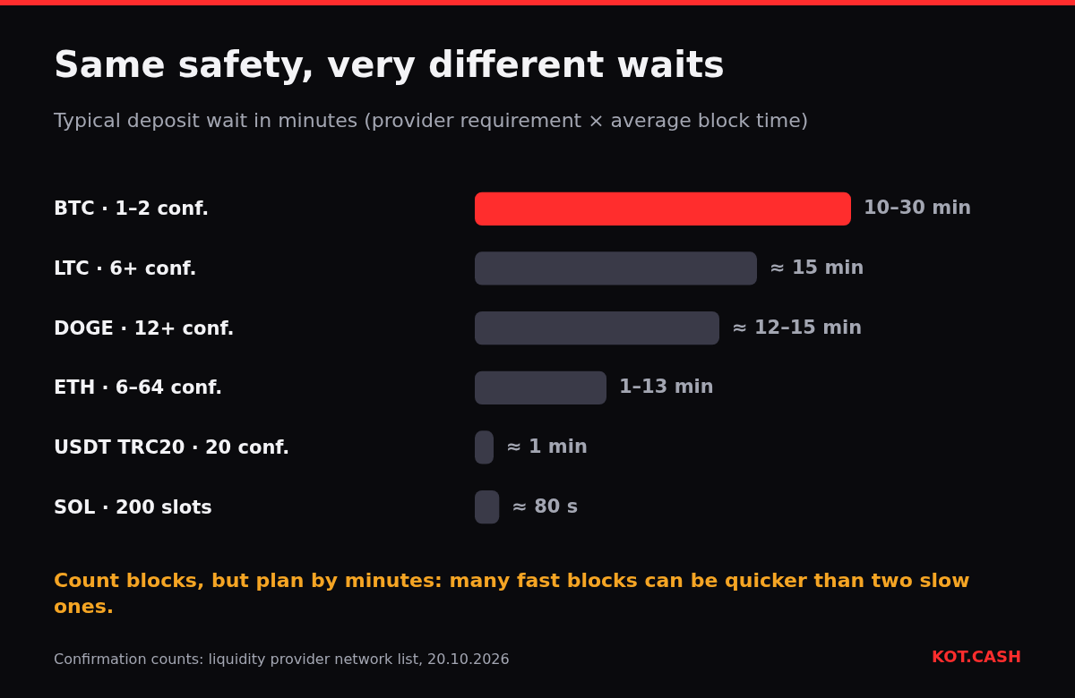 Bar chart of typical deposit waits: Bitcoin 10 to 30 minutes, Litecoin about 15, Dogecoin 12 to 15, Ethereum 1 to 13, USDT TRC20 about one minute, Solana about 80 seconds.
