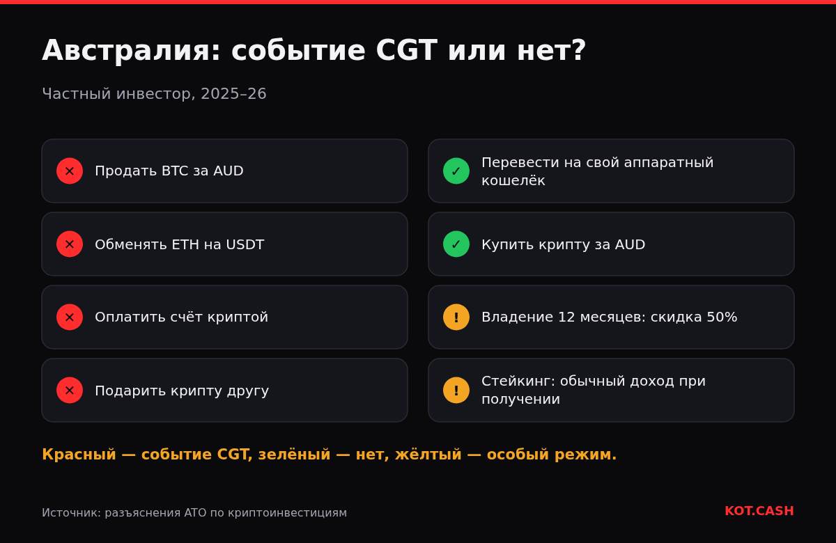 Чек-лист австралийских операций с криптой: какие являются событием CGT, какие нет и какие облагаются особо.