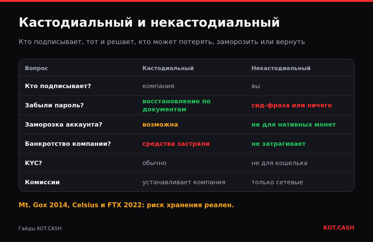 Таблица сравнения кастодиального и некастодиального кошелька: кто подписывает, восстановление, заморозки, банкротство, KYC и комиссии.