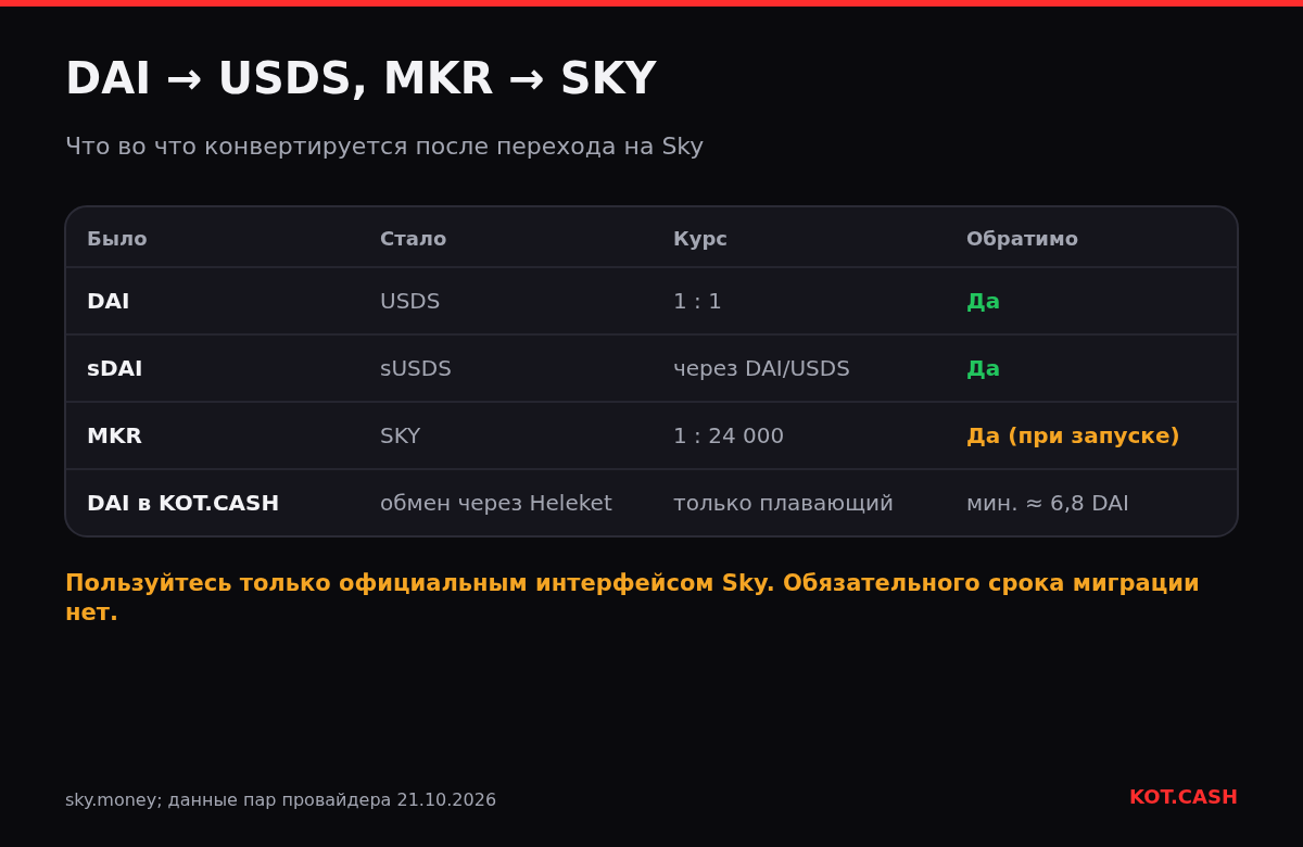 Таблица конвертаций DAI в USDS и MKR в SKY с курсами и обратимостью, а также поддержка DAI в KOT.CASH.