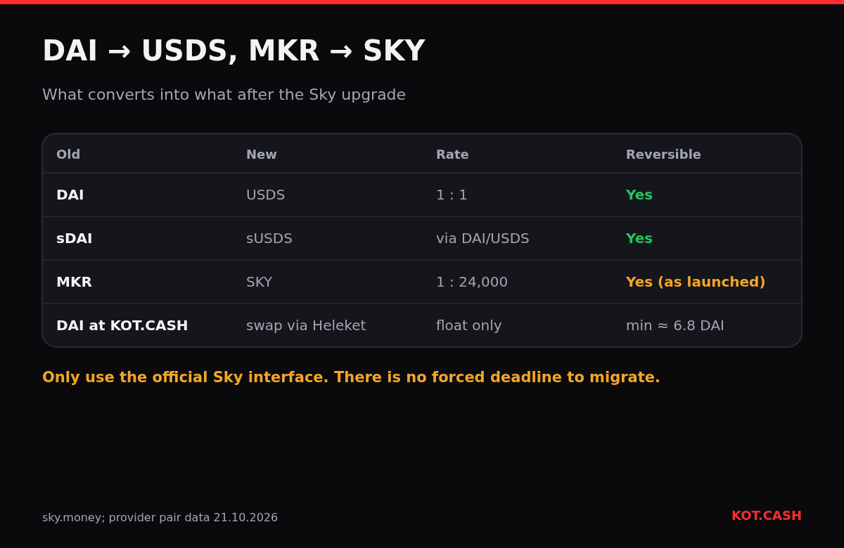 Table showing DAI to USDS and MKR to SKY conversions with rates and reversibility, and DAI support on KOT.CASH.