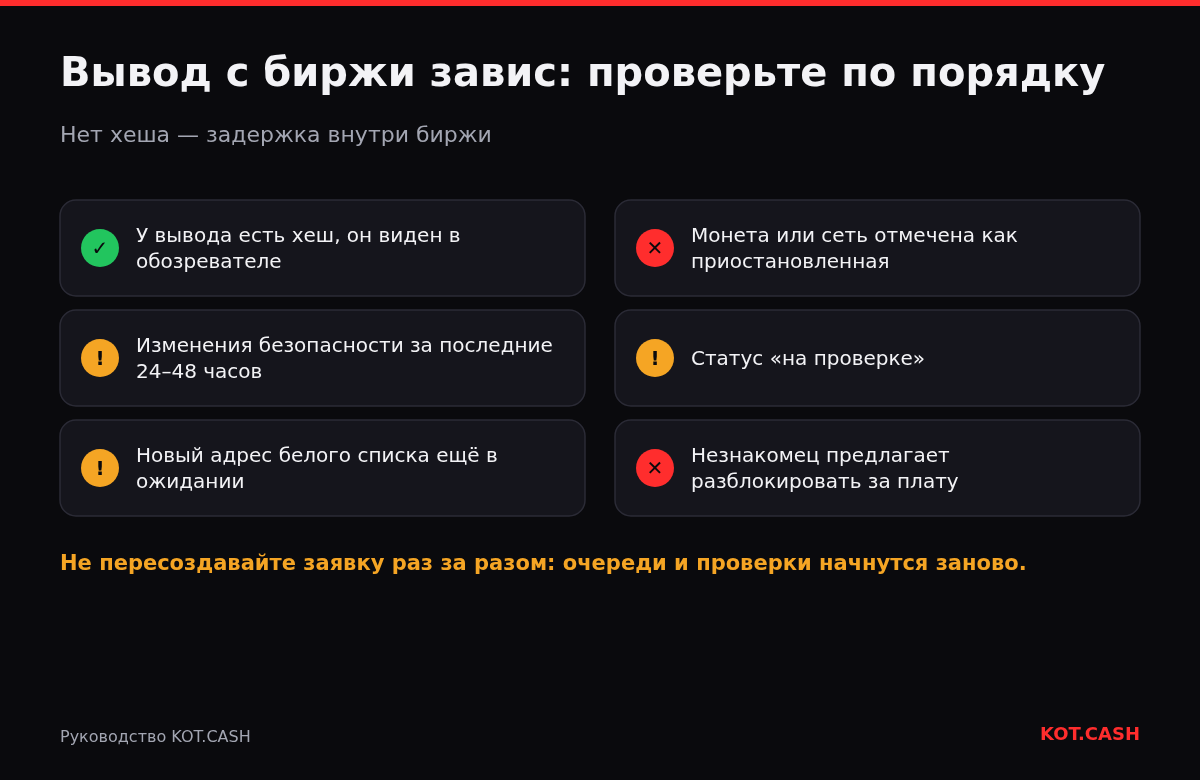 Чек-лист зависшего вывода с биржи: хеш в обозревателе, недавние изменения безопасности, ожидание белого списка, приостановленная сеть, статус проверки и предупреждение о мошенниках с платой за разблокировку.