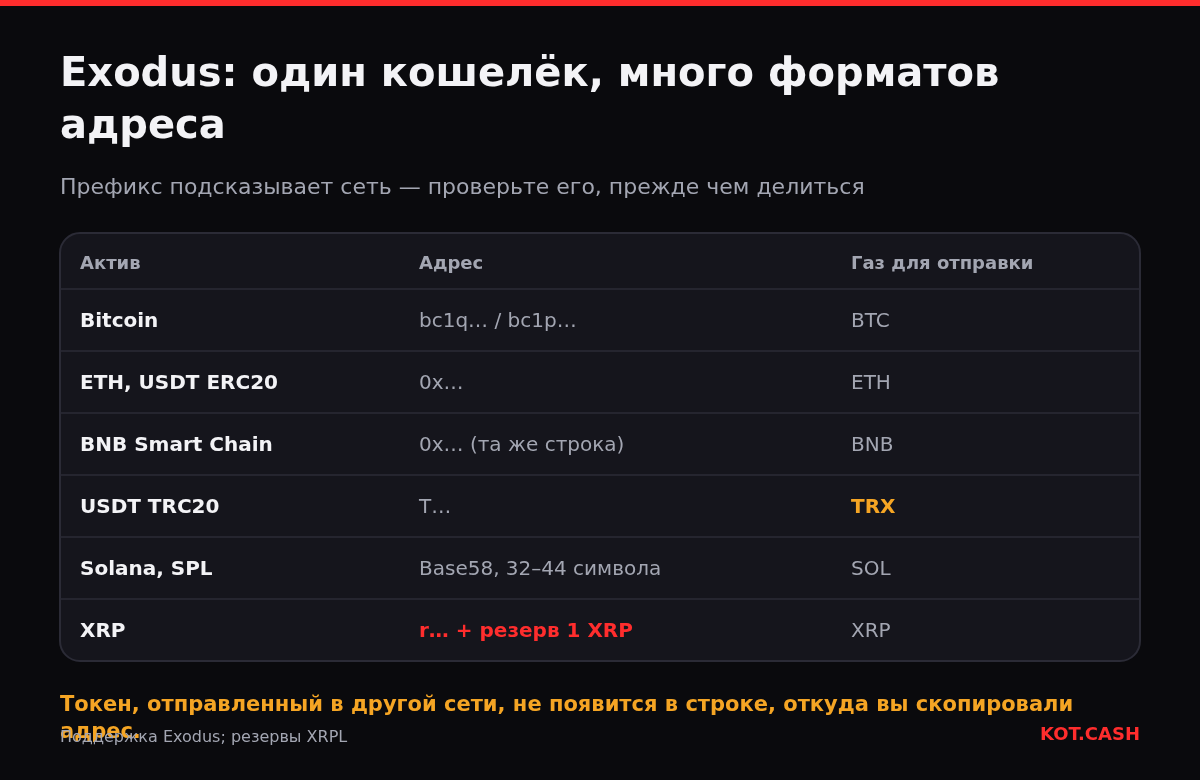 Таблица форматов адресов получения в Exodus: Bitcoin bc1, Ethereum и BNB Smart Chain 0x, USDT TRC20 T-адрес, Solana Base58, XRP r-адрес с резервом.