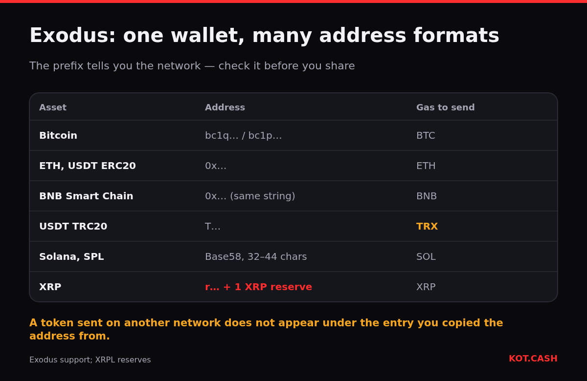 Table of Exodus receive address formats: Bitcoin bc1, Ethereum and BNB Smart Chain 0x, USDT TRC20 T-address, Solana Base58, XRP r-address with reserve.