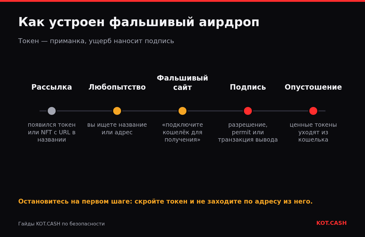 Хронология фальшивого аирдропа: рассылка токена, любопытство, сайт для «получения», вредоносная подпись и опустошение кошелька.
