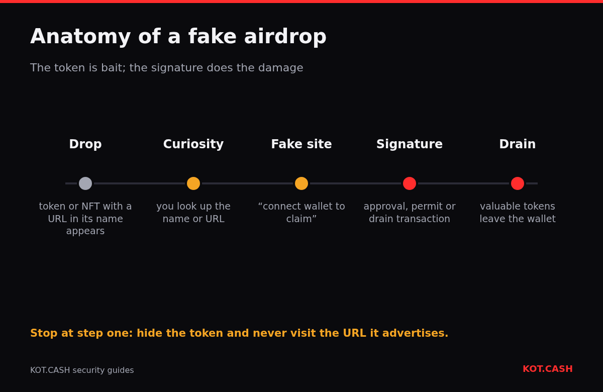 Timeline of a fake airdrop scam: token drop, curiosity, fake claim site, malicious signature and wallet drain.