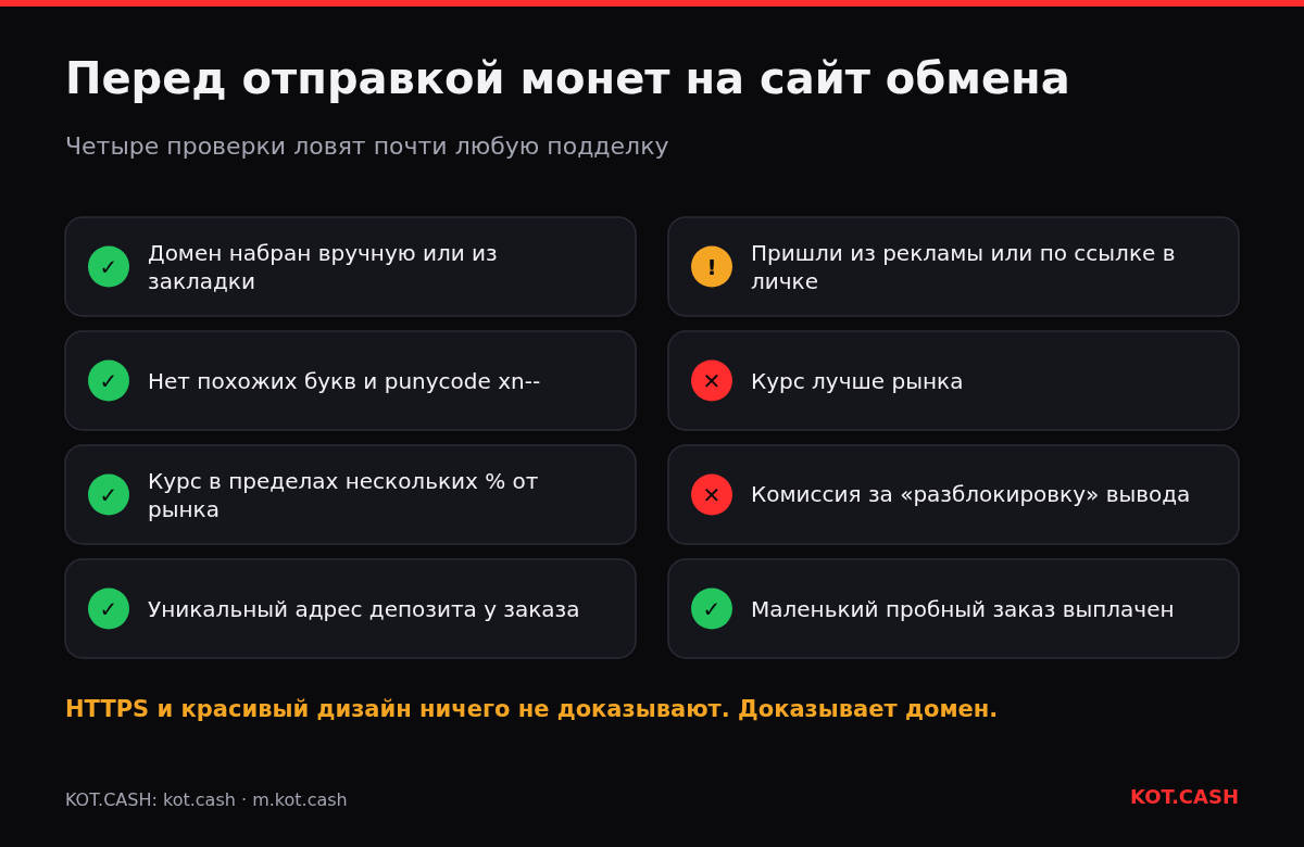 Чек-лист проверки сайта обмена: набранный домен, отсутствие punycode, реальный курс и уникальный адрес депозита — зелёные; реклама, курс лучше рынка и плата за разблокировку — предупреждения.