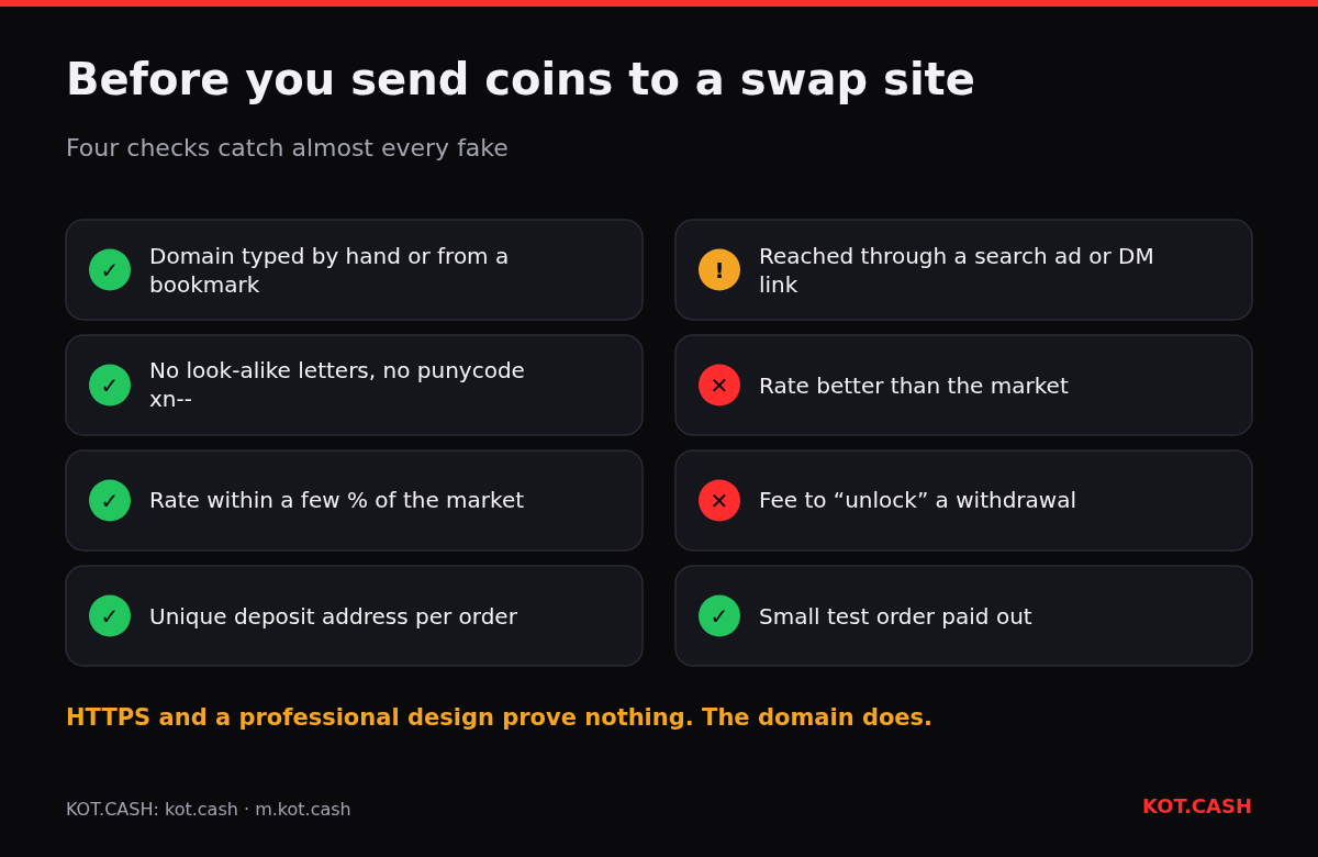 Checklist for checking a crypto swap website: typed domain, no punycode, realistic rate and unique deposit address as green checks; search ads, better-than-market rates and unlock fees as warnings.