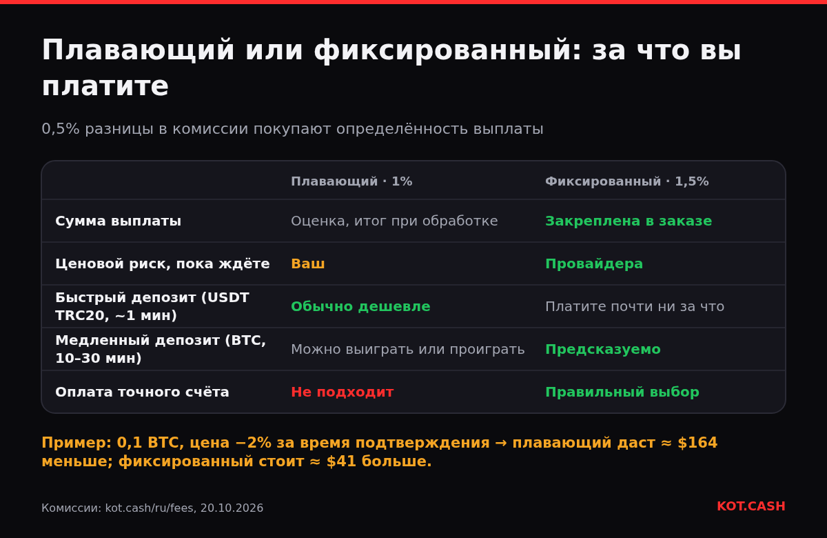 Таблица сравнения плавающего и фиксированного курса: сумма выплаты, ценовой риск, быстрый депозит, медленный депозит, оплата точного счёта.
