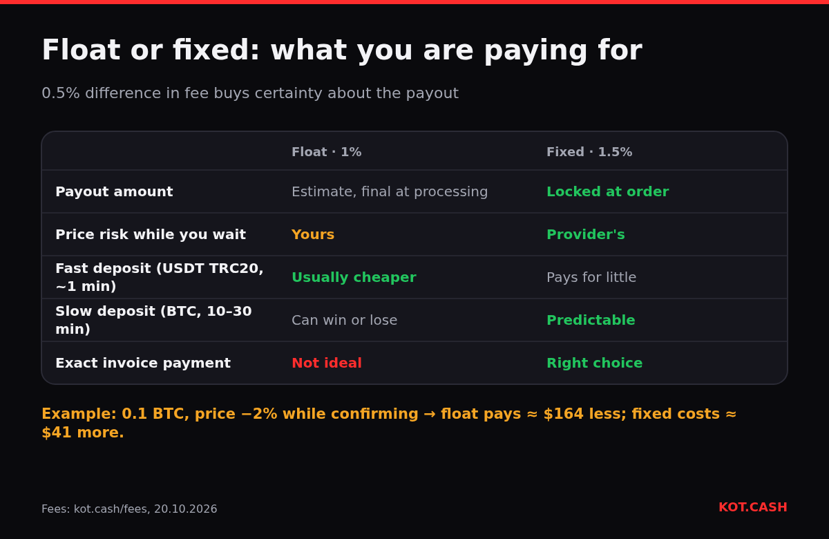 Table comparing float and fixed rates: payout amount, price risk, fast deposit, slow deposit and exact invoice payment.