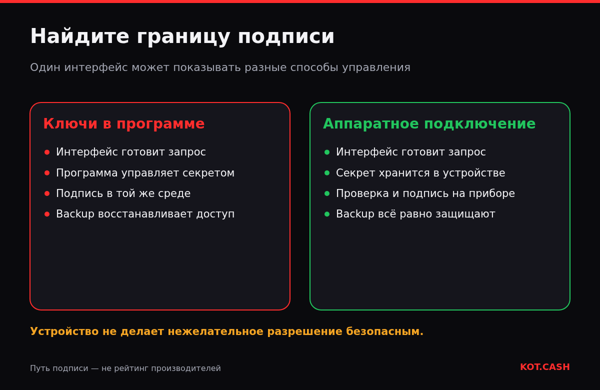Два пути подписи: программа управляет секретом сама, а подключённое аппаратное устройство получает запрос и подписывает отдельно; в обоих случаях нужен защищённый backup.