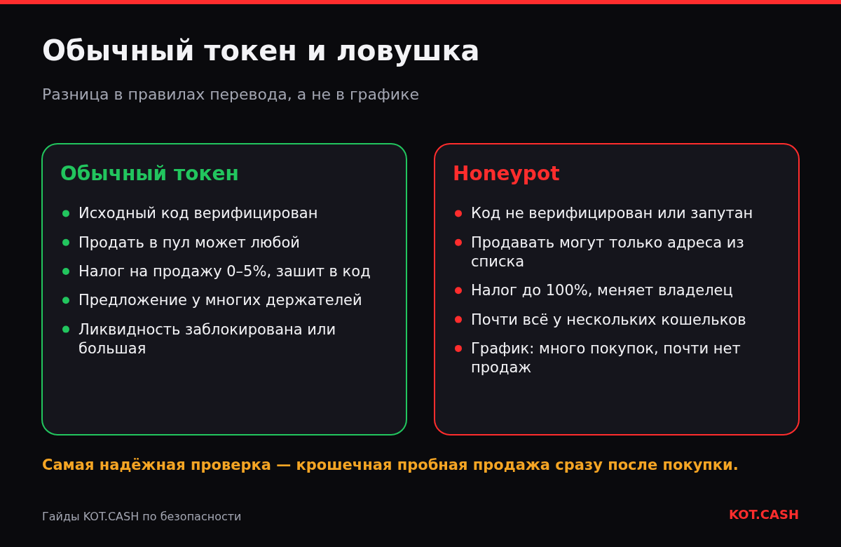 Сравнение обычного токена и токена-ловушки: проверенный код и свободная продажа против белого списка продавцов, высокого налога и концентрации предложения.