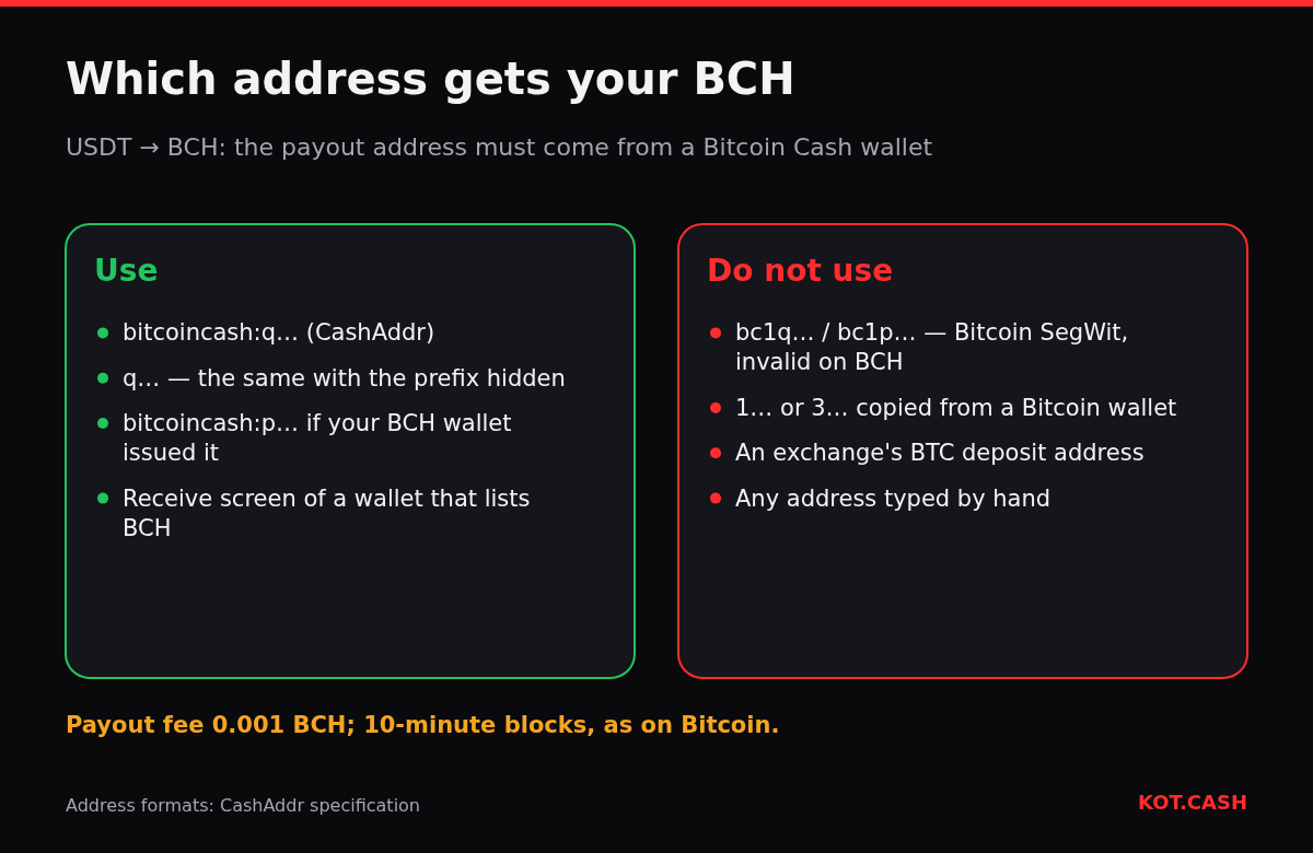 Two columns: which Bitcoin Cash addresses to use for a USDT to BCH payout and which Bitcoin addresses not to use.