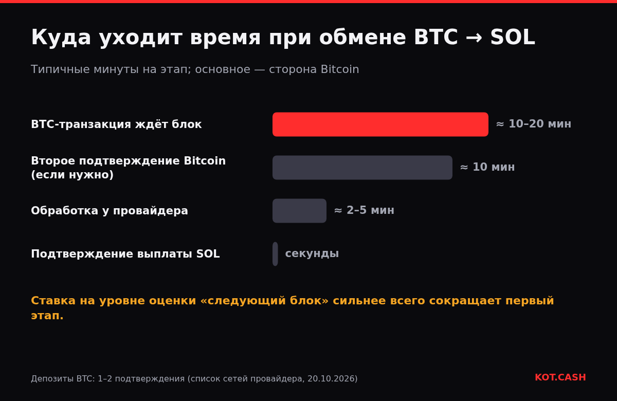 Диаграмма этапов обмена BTC на SOL: 10–20 минут до первого блока Bitcoin, около 10 минут на второе подтверждение, 2–5 минут обработки, секунды на выплату SOL.