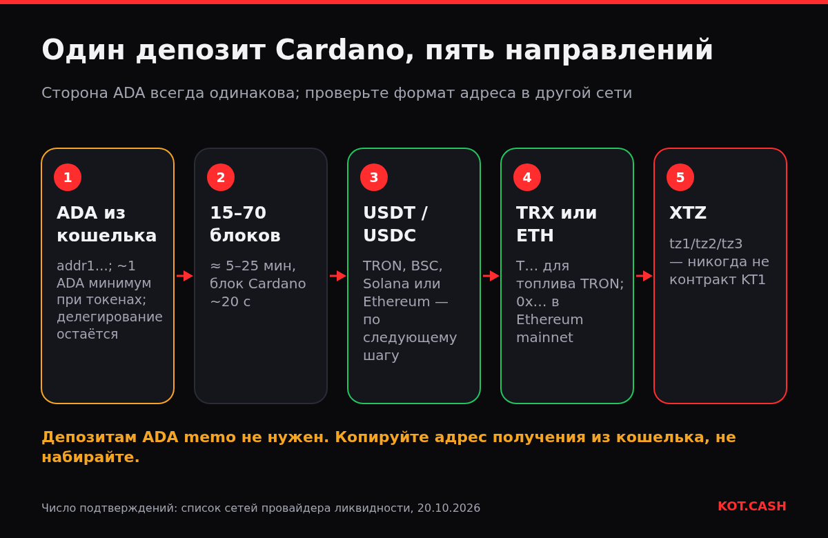 Схема обмена ADA: отправка ADA из кошелька с правилом минимального выхода, 15–70 блоков Cardano, затем USDT или USDC, TRX или ETH, или XTZ в их сетях.