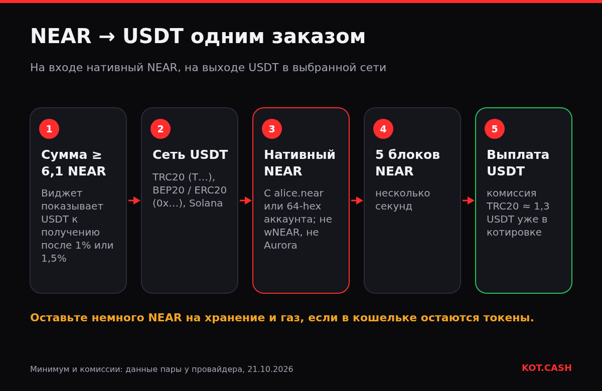 Пять шагов обмена NEAR на USDT: сумма от 6,1 NEAR, выбор сети USDT, отправка нативного NEAR, 5 блоков, получение USDT.