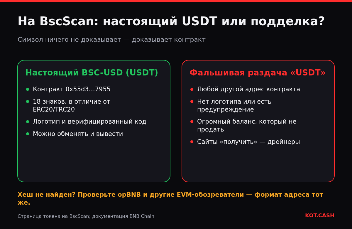 Сравнение на BscScan настоящего USDT (контракт BSC-USD 0x55d3…7955 с 18 знаками) и фальшивого токена USDT из раздачи с другим контрактом.
