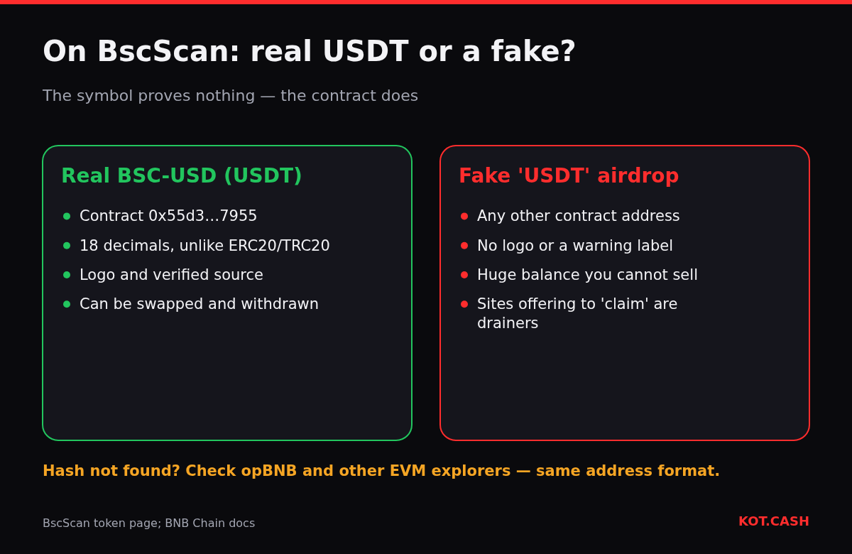 Comparison on BscScan of real USDT (BSC-USD contract 0x55d3โฆ7955 with 18 decimals) and a fake airdropped USDT token with another contract.