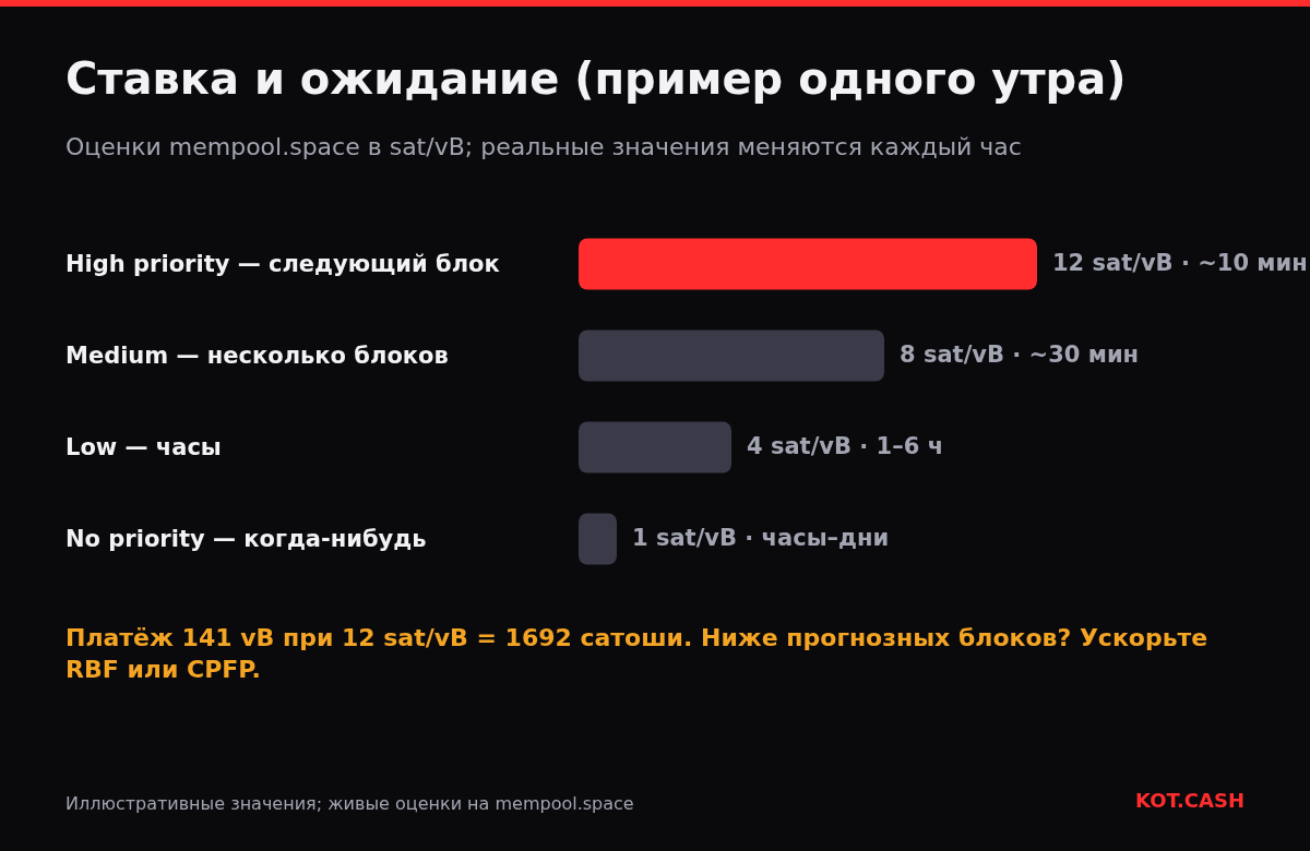 Диаграмма примерных оценок mempool.space: 12 sat/vB на следующий блок, 8 — на несколько блоков, 4 — на часы и 1 sat/vB — когда-нибудь.
