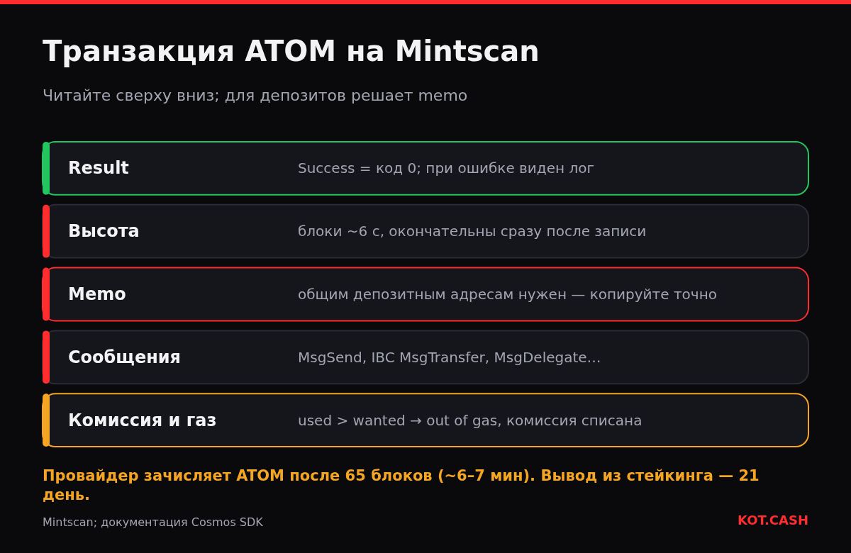 Слои страницы транзакции ATOM на Mintscan: результат, высота блока, memo, сообщения, комиссия и газ.