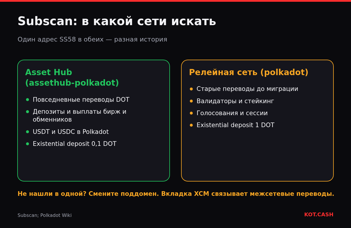Сравнение обозревателей Asset Hub и релейной сети на Subscan: где видны повседневные переводы DOT и депозиты, а где стейкинг и старая история.