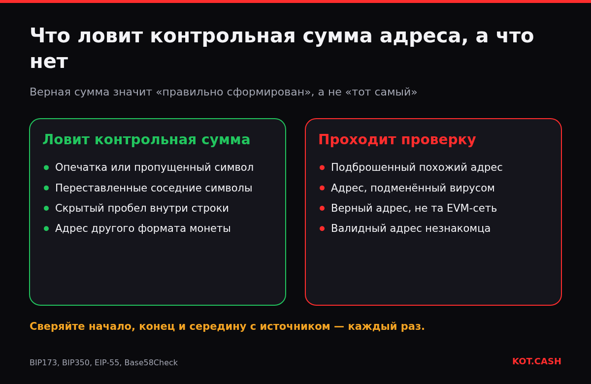 Сравнение ошибок, которые ловит контрольная сумма адреса (опечатки, пропуски), и тех, что она не ловит (похожие подброшенные адреса, не та сеть).