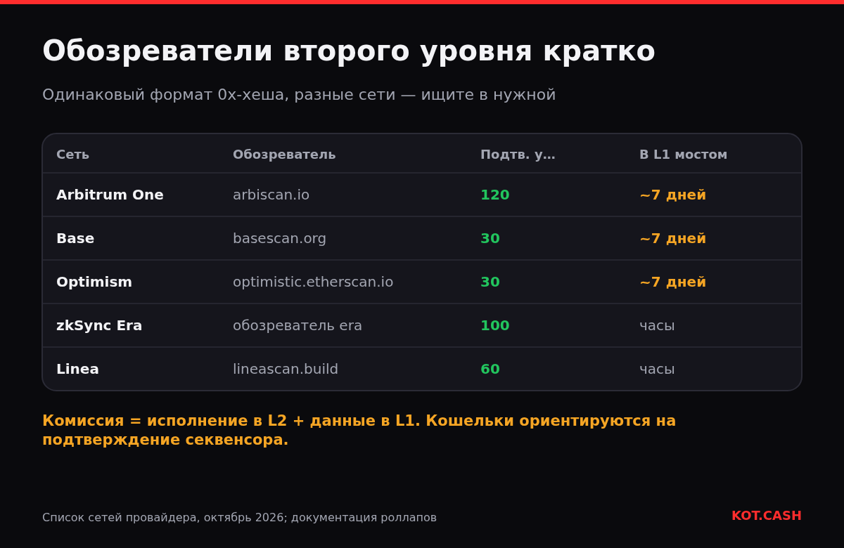 Таблица сетей второго уровня Ethereum с их обозревателями, числом подтверждений у провайдера KOT.CASH и сроком вывода в Ethereum через официальный мост.