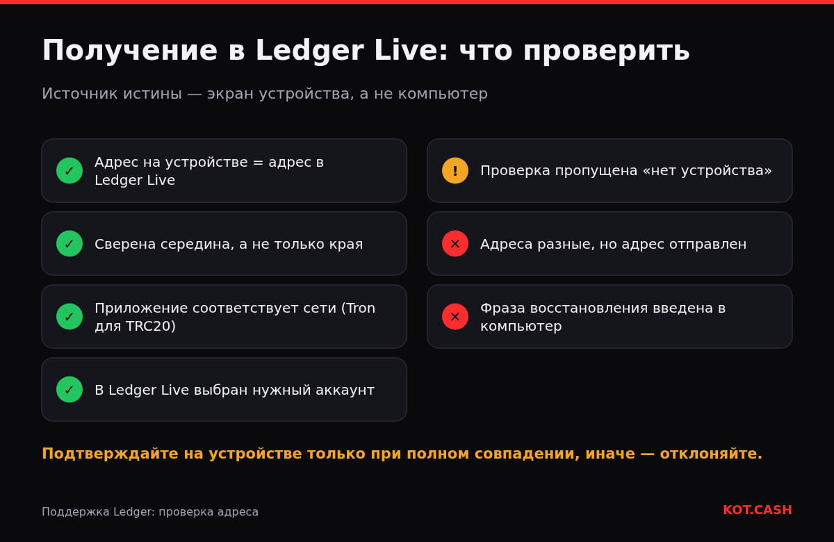 Чек-лист получения в Ledger Live: сверить адрес на устройстве и на экране, середину адреса, приложение и аккаунт; не пропускать проверку и не вводить фразу восстановления.