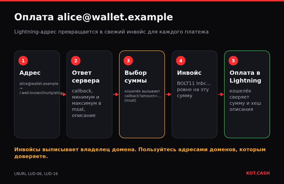 Пять шагов оплаты Lightning-адреса: URL, ответ сервера, выбор суммы, инвойс, оплата.