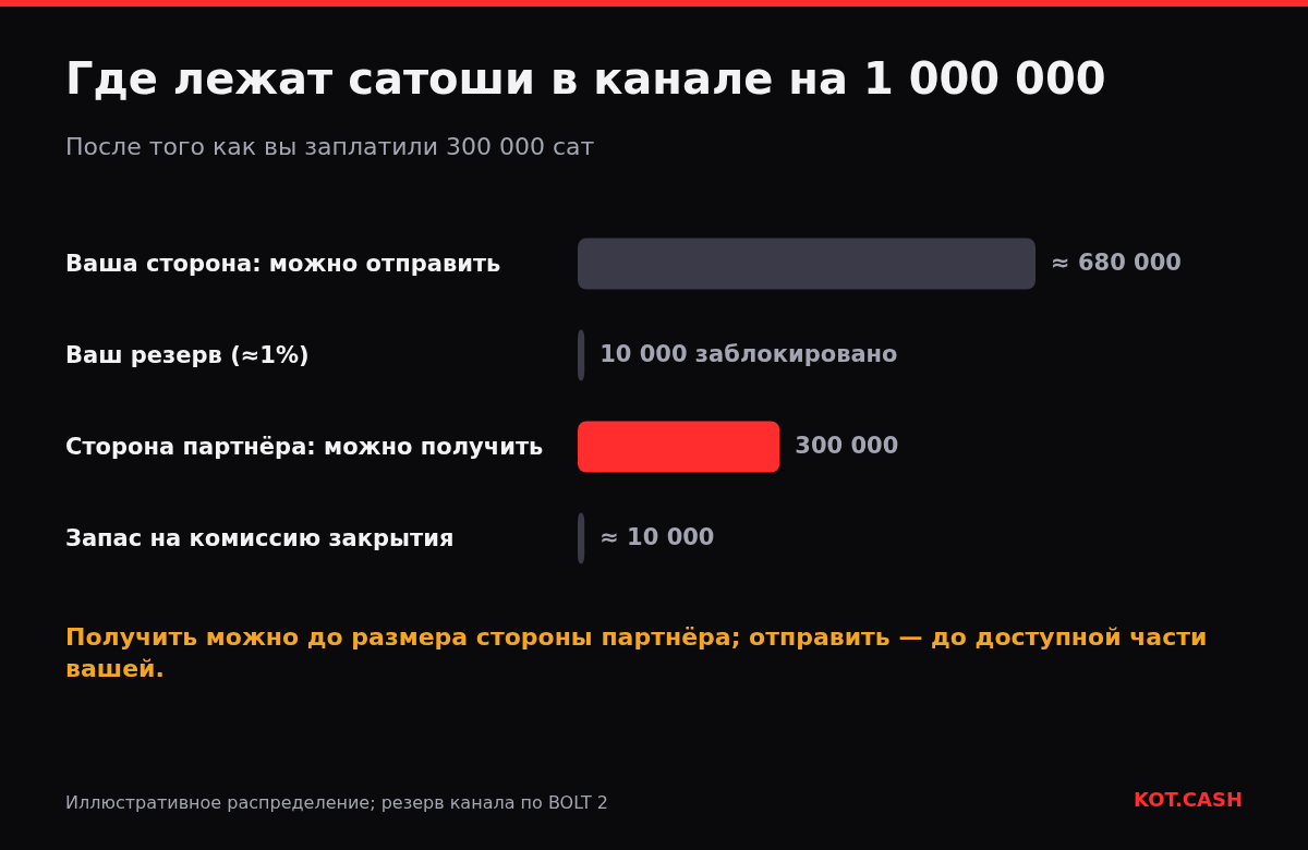 Столбчатая диаграмма канала Lightning на 1 000 000 сат: доступный баланс, резерв, входящая ёмкость и запас на комиссию.