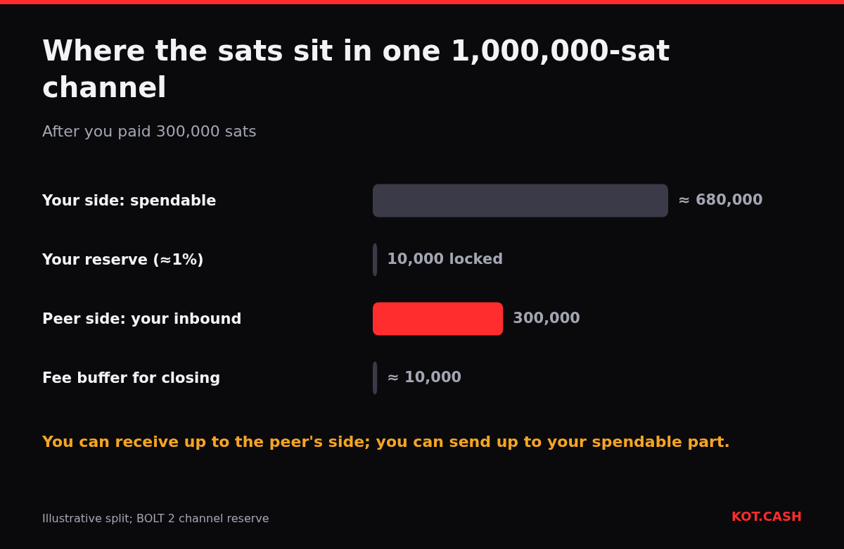 Bar chart of a 1,000,000-sat Lightning channel split into spendable balance, reserve, inbound capacity and fee buffer.