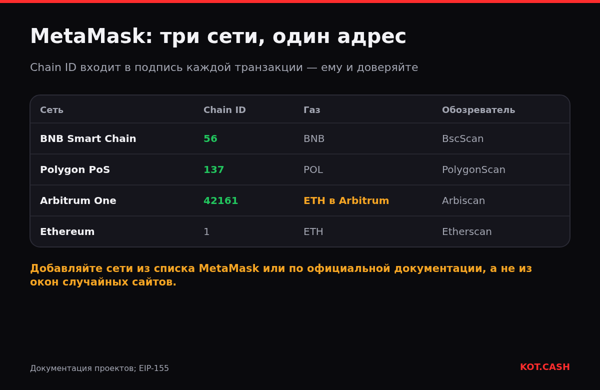 Таблица BNB Smart Chain, Polygon, Arbitrum One и Ethereum для MetaMask с chain ID 56, 137, 42161 и 1, газовыми монетами и обозревателями.