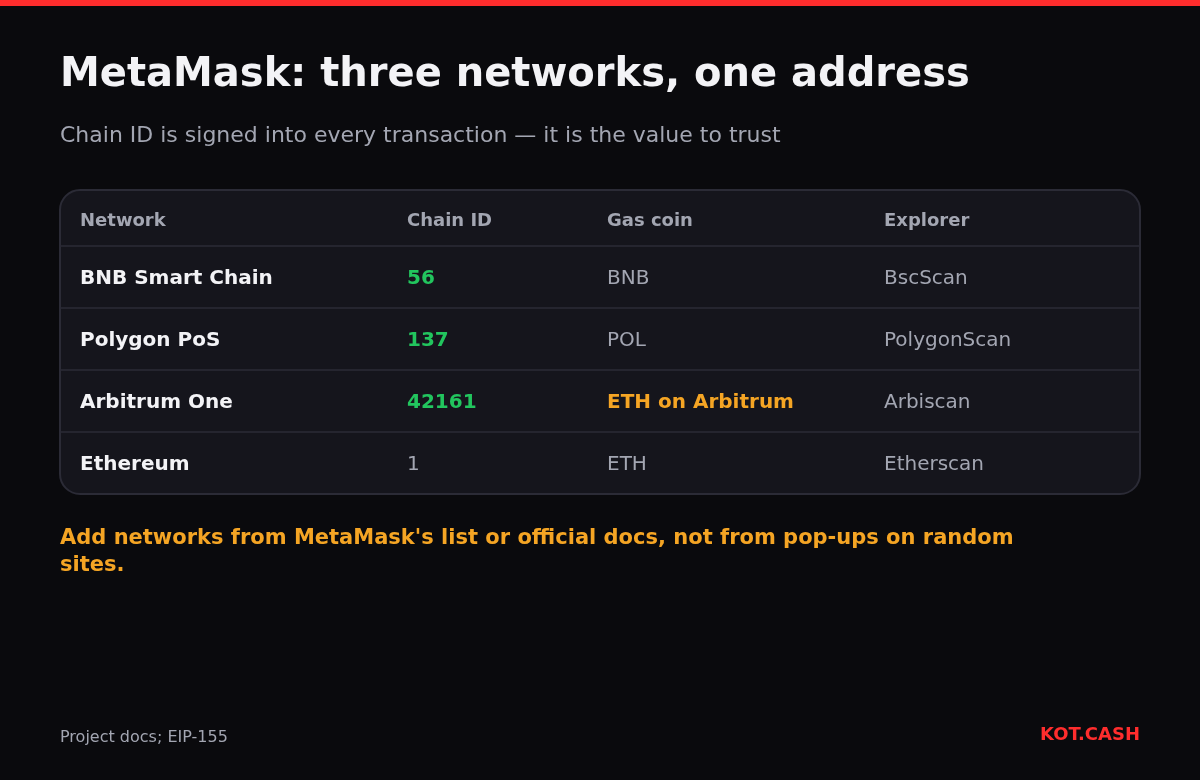 Table of BNB Smart Chain, Polygon, Arbitrum One and Ethereum for MetaMask with chain IDs 56, 137, 42161 and 1, gas coins and explorers.