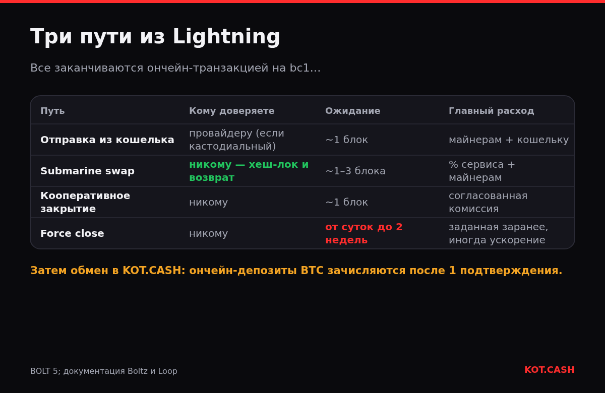 Таблица четырёх способов вывода BTC из Lightning ончейн: отправка из кошелька, submarine swap, кооперативное закрытие и force close.