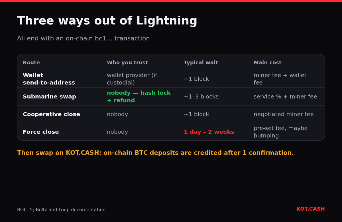 Table comparing four ways to move BTC from Lightning to on-chain: wallet send, submarine swap, cooperative close and force close.
