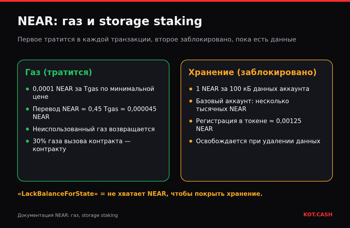 Сравнение газа NEAR, который тратится по 0,0001 NEAR за Tgas, и storage staking, который блокирует 1 NEAR за 100 кБ данных.
