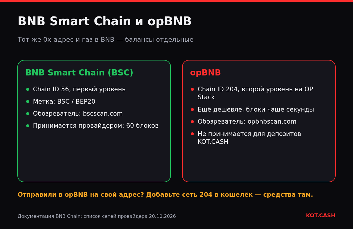 Сравнение BNB Smart Chain с chain ID 56 и opBNB с chain ID 204: одинаковые адрес и газовый токен, отдельные балансы, разные обозреватели и поддержка.