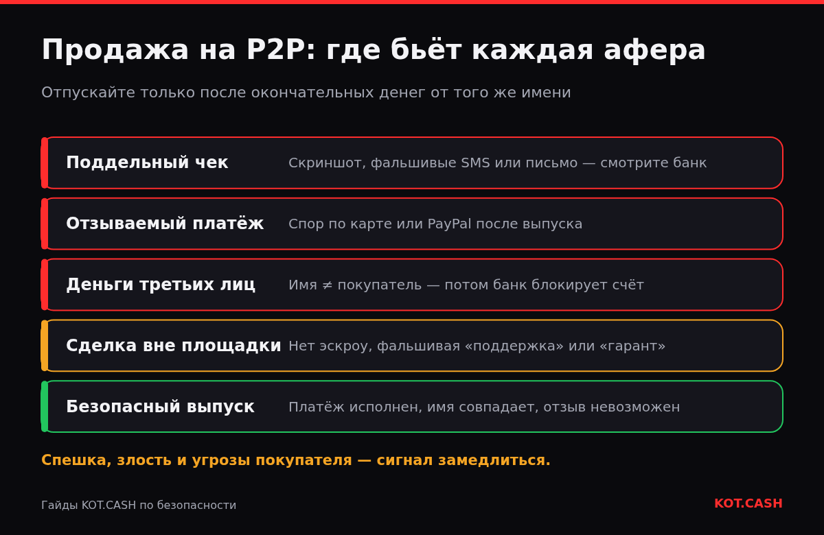 Уровни рисков продажи на P2P: поддельный чек, отзываемый платёж, деньги третьих лиц и сделка вне площадки, внизу условие безопасного выпуска.
