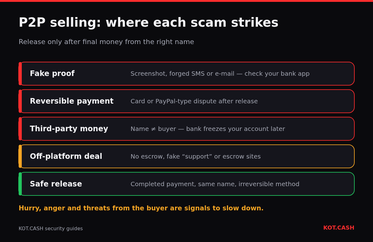 Layers of P2P selling risks: fake payment proof, reversible payments, third-party money and off-platform deals, ending in a safe release condition.
