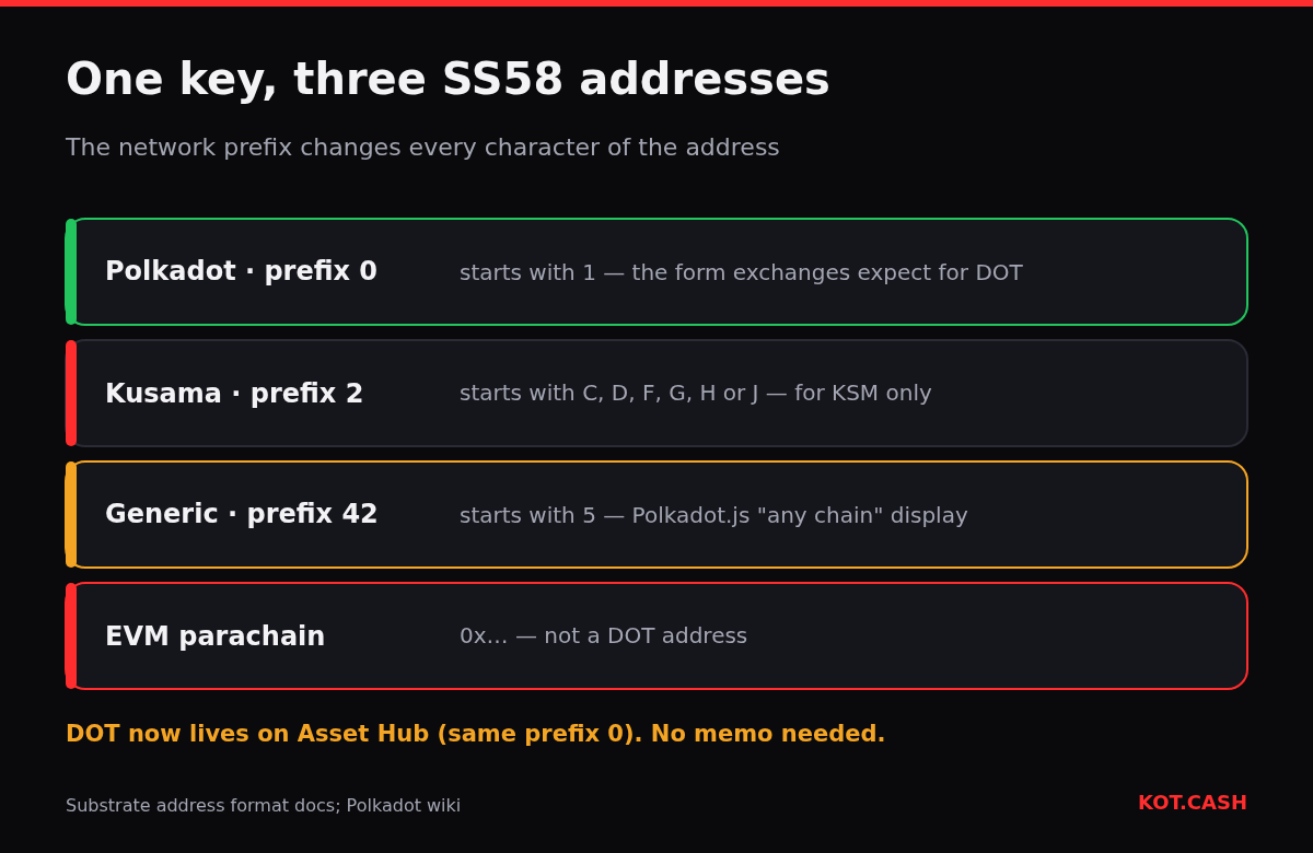 Stack of SS58 address formats for one key: Polkadot prefix 0 starting with 1, Kusama prefix 2 with capital letters, generic prefix 42 starting with 5, and EVM 0x addresses.