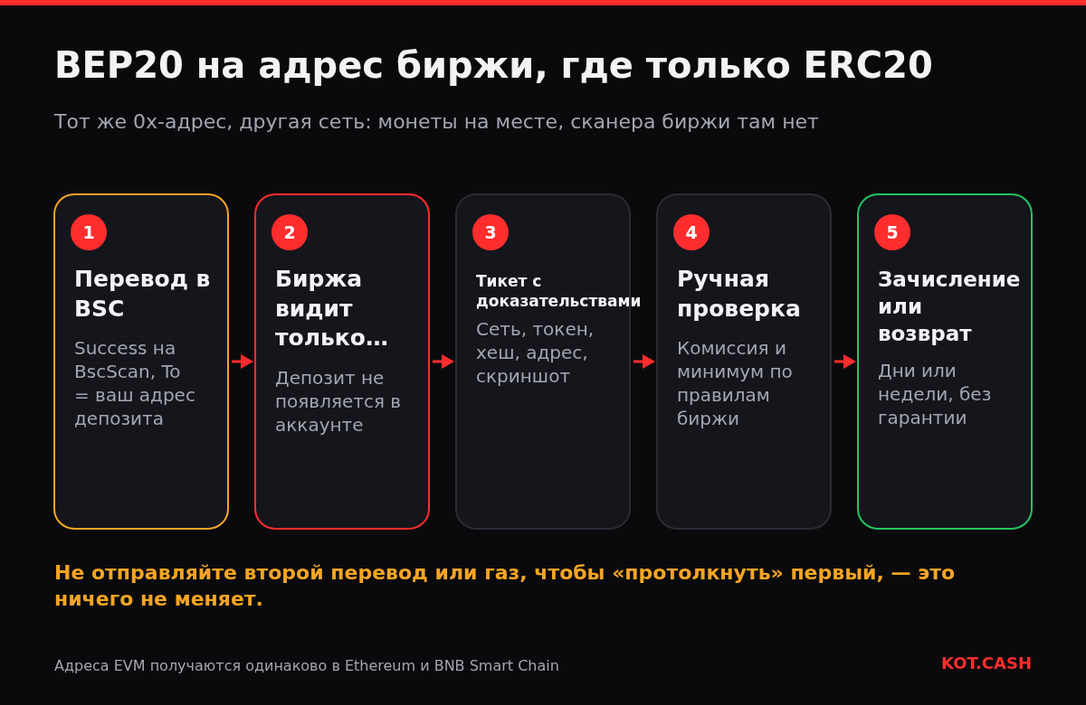 Пять шагов для депозита BEP20 на адрес биржи, где зачисляется только ERC20: перевод, не зачислен, тикет, ручная проверка, зачисление или возврат.