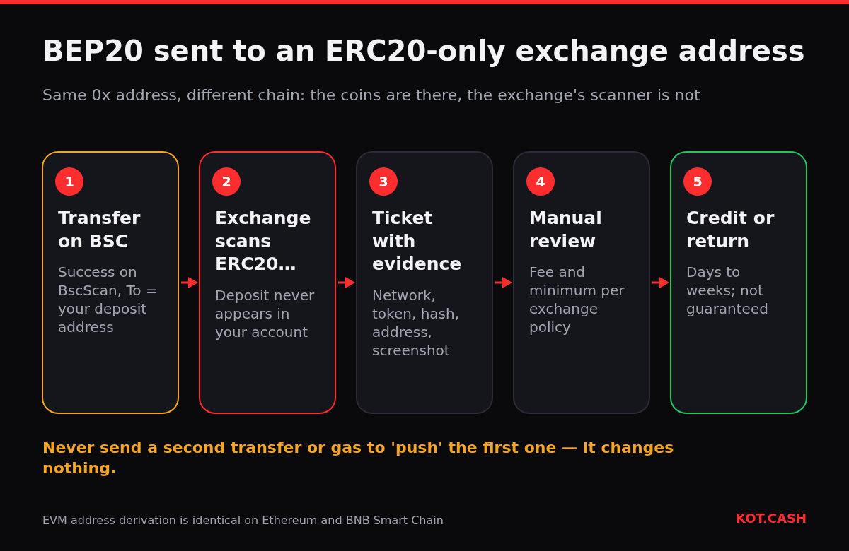 Five-step flow of a BEP20 deposit sent to an exchange address that only credits ERC20: transfer, not credited, support ticket, manual review, credit or return.