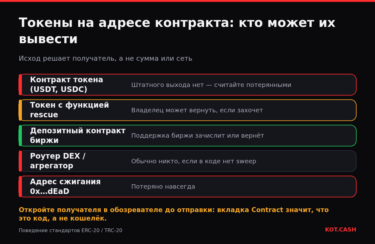 Пять типов получателей ошибочного перевода токенов: от контракта токена без возврата до депозитного контракта биржи, где поможет поддержка.