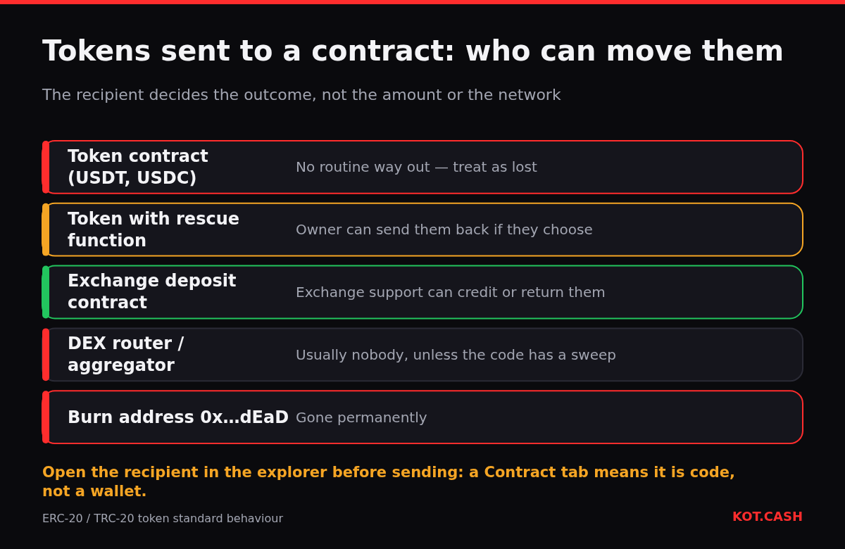Five recipient types of a mistaken token transfer, from the token contract with no recovery to an exchange deposit contract where support can help.